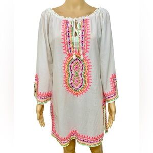 Debbie Katz Embroidered Cotton Tunic Beach Dress Swim Cover-Up Size M